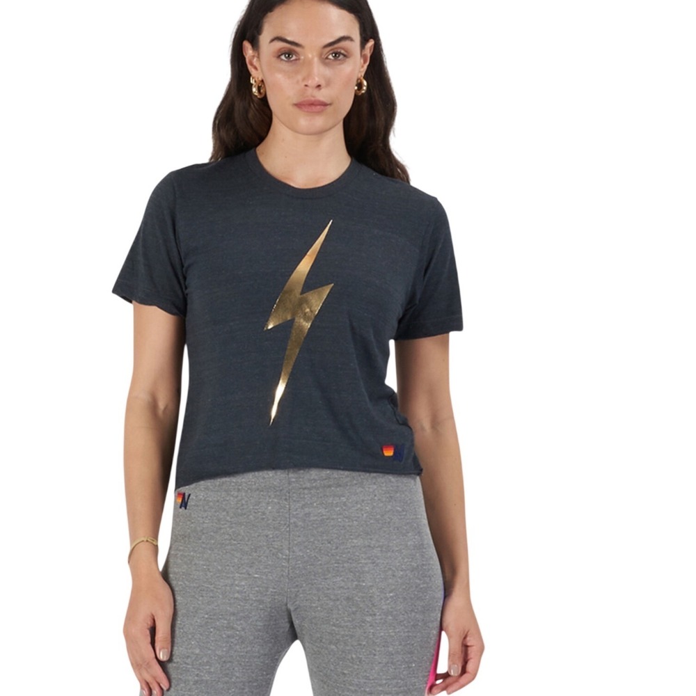 Aviator Nation Black Tee with Gold Lightning Bolt